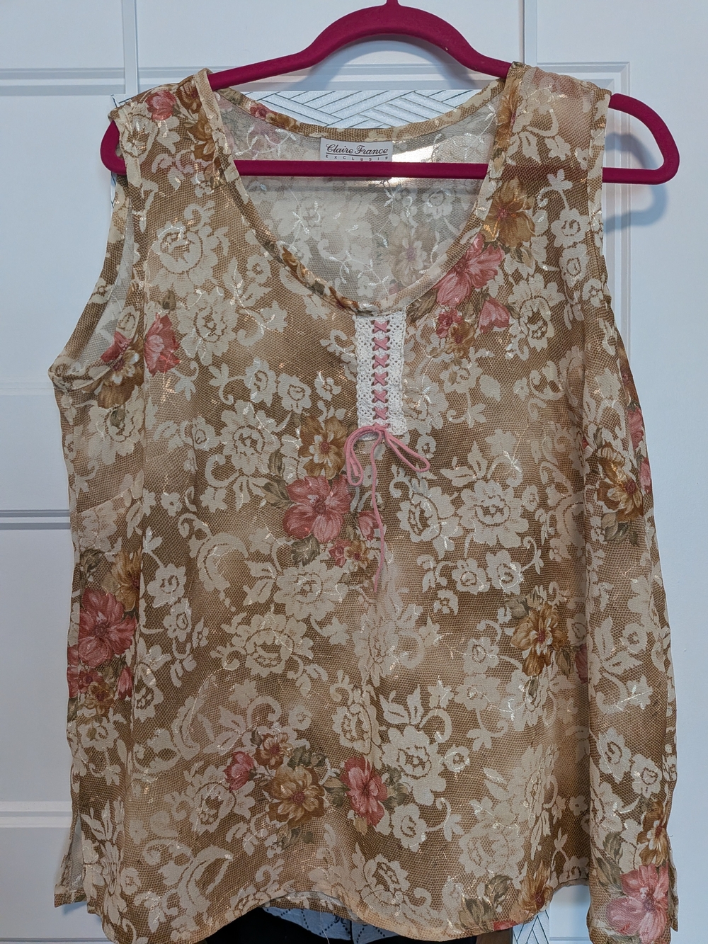 Claire's Beige Floral Lace-Overlay Camisole with Pink Rose Detail